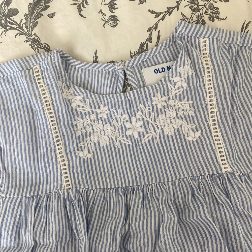Old Navy Light Blue and White Striped Girls Blouse with Embroidered Yoke